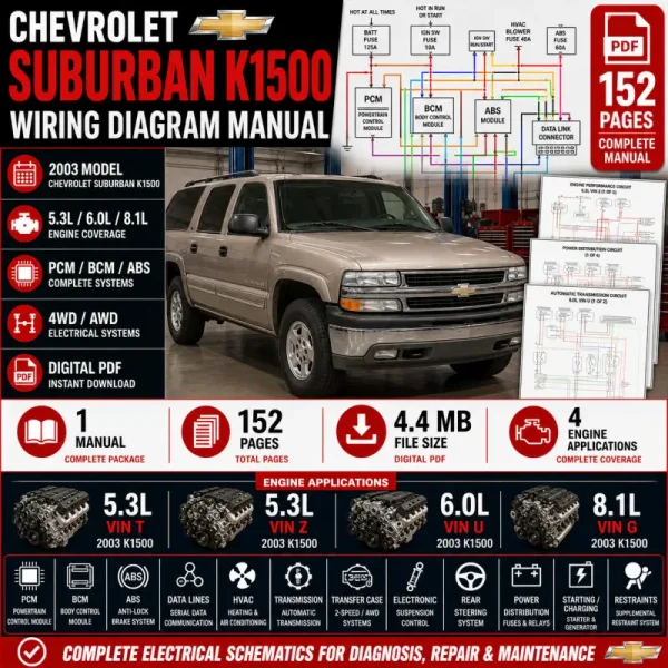 Chevrolet Suburban K1500 2003 wiring diagram manual covering 5.3L VIN T and Z, 6.0L VIN U, 8.1L VIN G, PCM, BCM, ABS, data lines, HVAC, automatic transmission, AWD, transfer case, suspension and complete electrical schematics.
