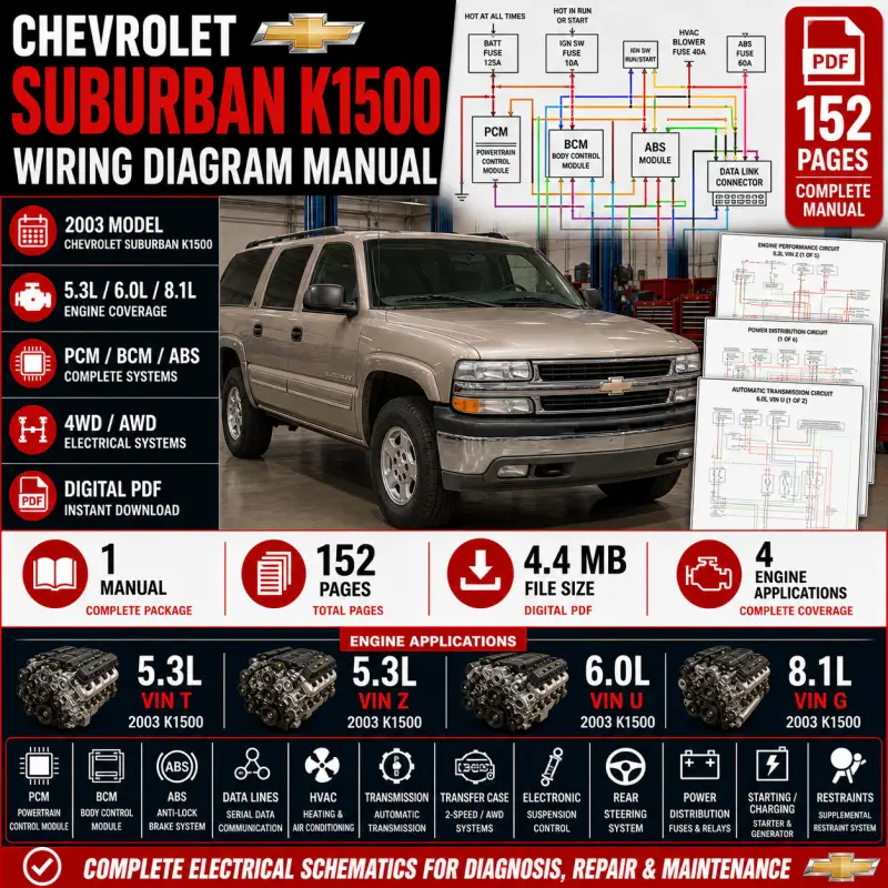Chevrolet Suburban K1500 Wiring Diagram Manual 2003 Chevrolet Suburban K1500 2003 wiring diagram manual covering 5.3L VIN T and Z, 6.0L VIN U, 8.1L VIN G, PCM, BCM, ABS, data lines, HVAC, automatic transmission, AWD, transfer case, suspension and complete electrical schematics.