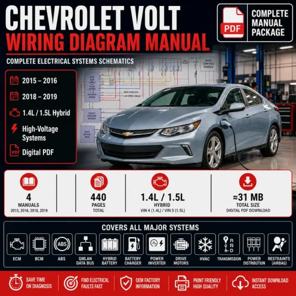 Chevrolet Volt 2015–2016 and 2018–2019 1.4L and 1.5L hybrid wiring diagram manual covering ECM, BCM, ABS, GMLAN, high-voltage battery, charger, inverter, drive motors, transmission and electrical schematics.