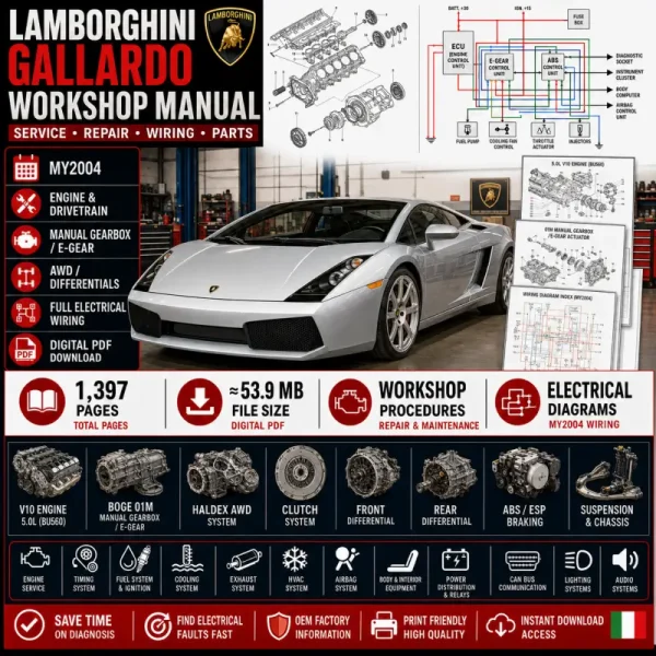 Lamborghini Gallardo 2004 workshop manual covering engine service, manual gearbox, E-Gear, clutch, AWD, front and rear differentials, ABS, suspension, airbag, HVAC, electrical wiring diagrams and illustrated parts.