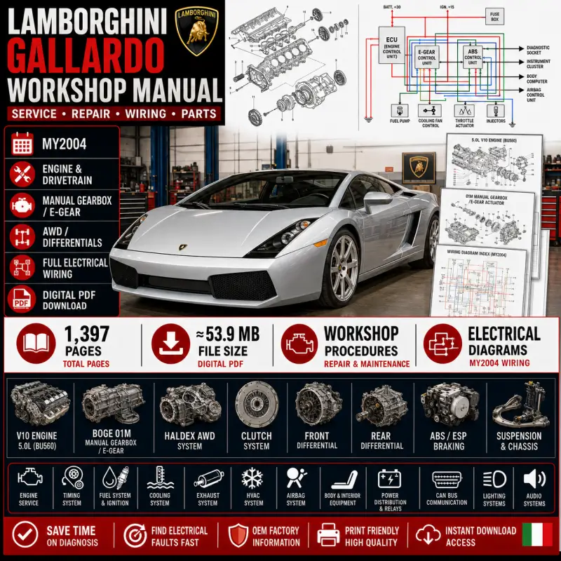 Lamborghini Gallardo 2004 Workshop Manual & Wiring Diagrams Lamborghini Gallardo 2004 workshop manual covering engine service, manual gearbox, E-Gear, clutch, AWD, front and rear differentials, ABS, suspension, airbag, HVAC, electrical wiring diagrams and illustrated parts.