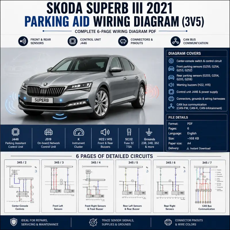 skoda-superb-iii-2021-parking-aid-wiring-diagram Skoda Superb III 2021 Parking Aid Wiring Diagram – 3V5 Electrical Circuit, J446 Control Unit, Front/Rear Sensors, Buzzers & CAN Bus - Image 1