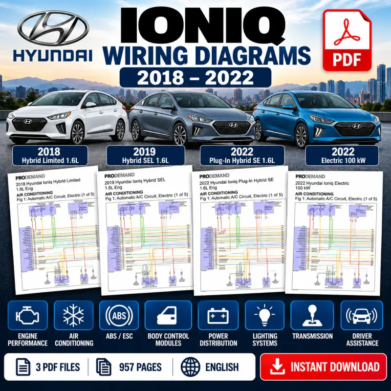 Hyundai Ioniq Wiring Diagram Manual 2018–2022 Hyundai Ioniq Hybrid and Plug-In Hybrid wiring diagram manuals for 2018, 2019 and 2022, including electrical schematics.