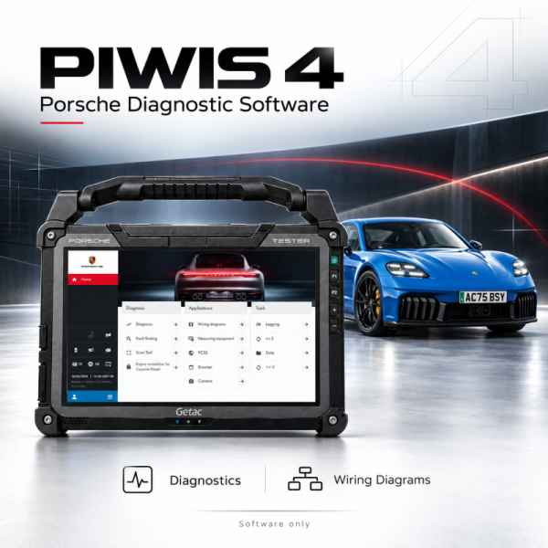 Porsche PIWIS 4 diagnostic software displayed on a Getac tester beside a blue Porsche sports car.