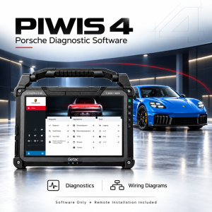 PIWIS 4 diagnostic software displayed on a Getac tablet beside a blue Porsche sports car