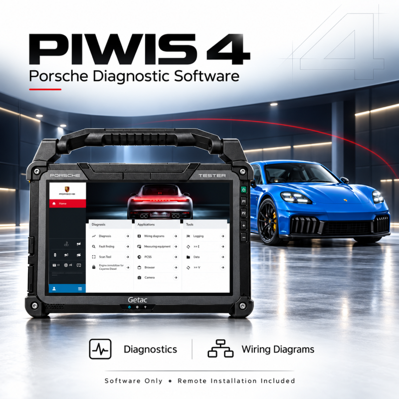 Porsche PIWIS 4 Diagnostic Software – Remote Installation Included PIWIS 4 diagnostic software displayed on a Getac tablet beside a blue Porsche sports car